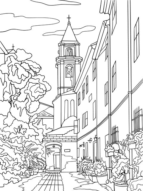 European Town Street Landscape Coloring Page