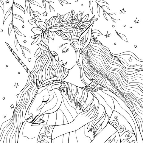 Elf and Unicorn Coloring Page