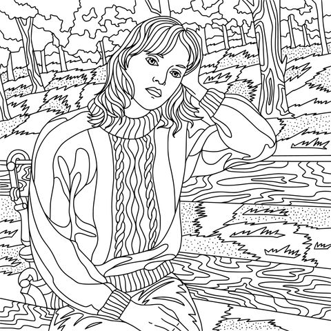 Coloring Page of a Woman on a Park Bench