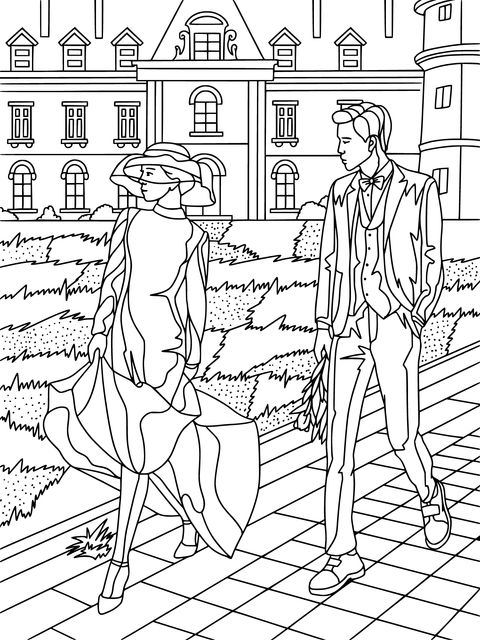 Vintage - style Coloring Page of a Man and a Woman Strolling in a Manor