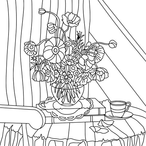 Página de Colorear con un Vaso de Flores: Escena Interior Acogedora