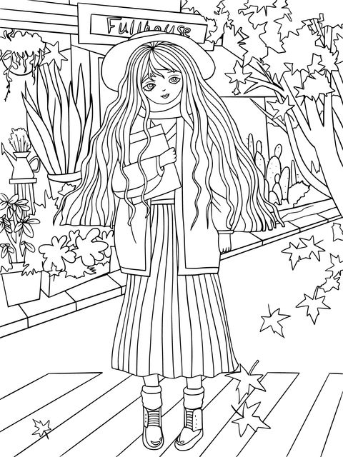 Coloring Page of a Girl with a Book on an Autumn Street