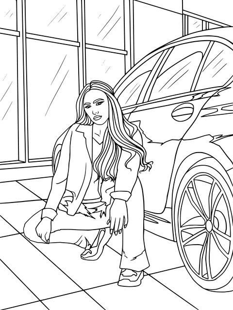 Fashionable Woman and Red Car Coloring Page