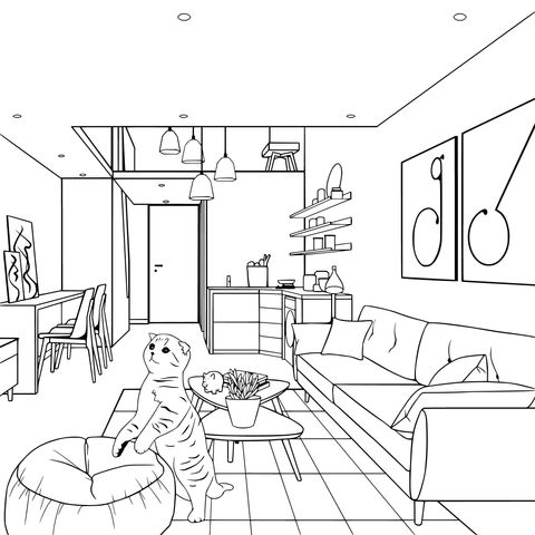 Cute Cat in a Cozy Living - Room Coloring Page