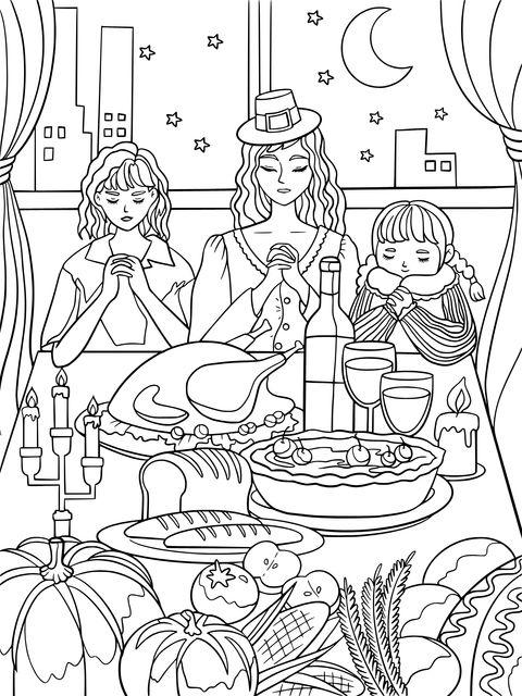 Warm Thanksgiving Family Dinner Coloring Page