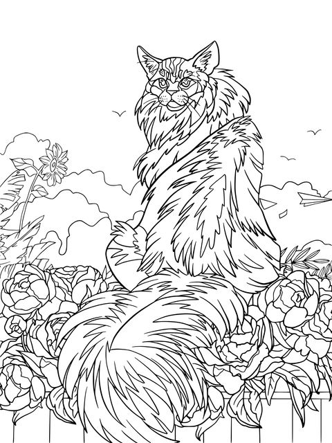 Cat and Flower Coloring Page