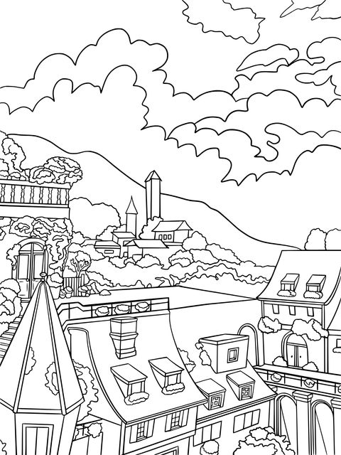 Coloring Page of a Colorful Hand - Drawn Town Landscape