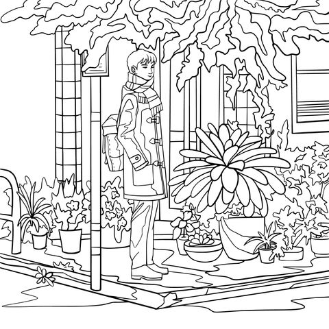 Coloring Page of a Boy with a Schoolbag Standing beside Green Plants