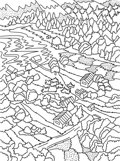 Rural Lake Landscape Coloring Page