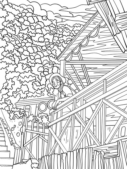 Coloring Page of a Girl on the Balcony of a Wooden House