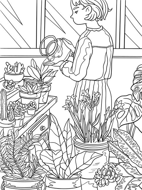 Girl Watering Plants on Balcony Coloring Page