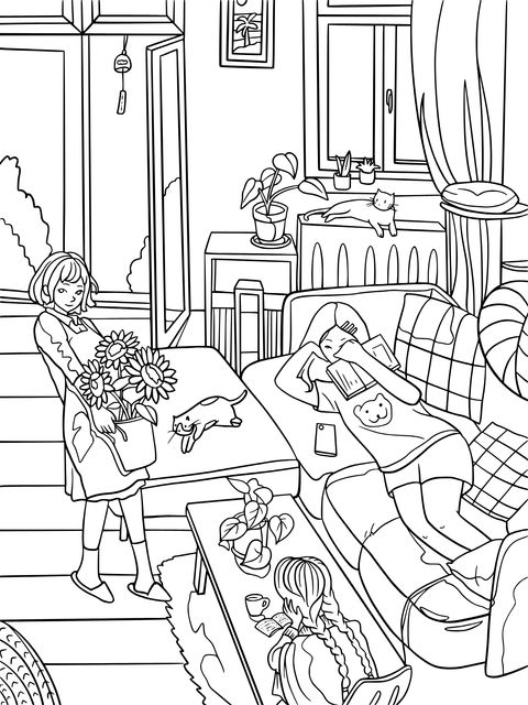 Cozy Family Scene Coloring Page