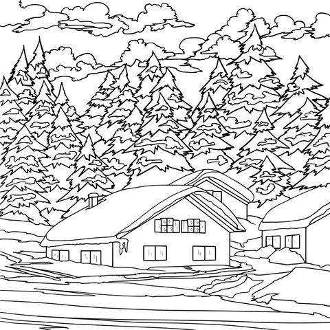 Winter Snow - scene Cottage Coloring Page