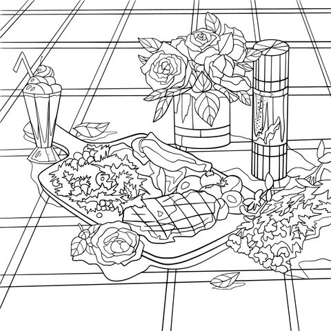 Coloring Page of Delicious Meal and Flowers