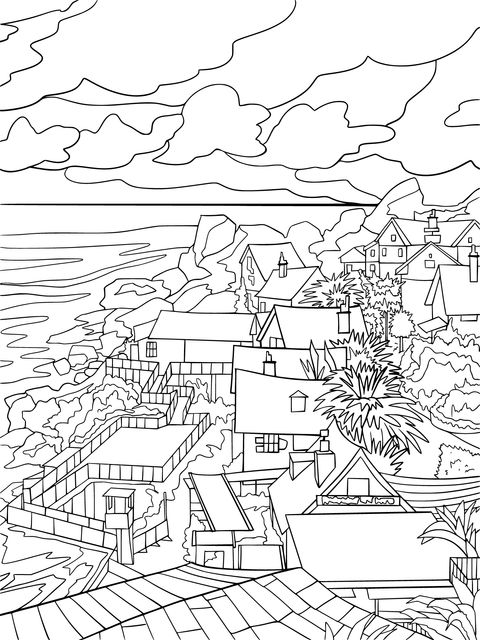 Seaside Town Landscape Coloring Page