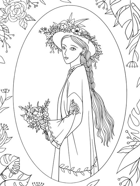 Coloring Page of a Flower - holding Girl Illustration