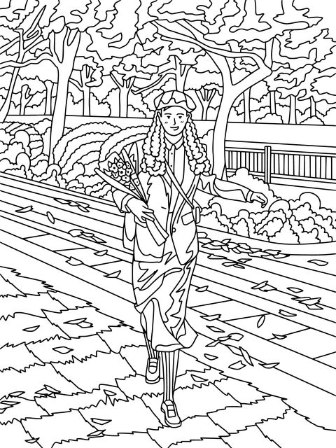 Coloring Page of a Girl Holding Flowers in Autumn