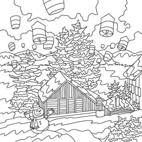 Winter Snow Scene and Sky Lanterns Coloring Page