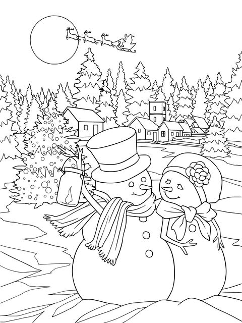 Romantic Christmas Snowman Coloring Page