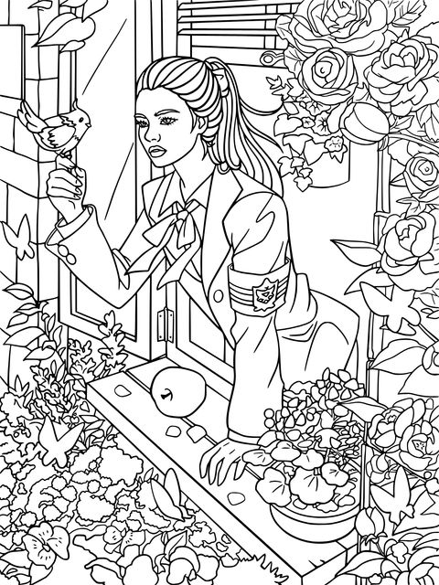 Dreamy Coloring Page of a Girl, Birds and Flowers by the Window