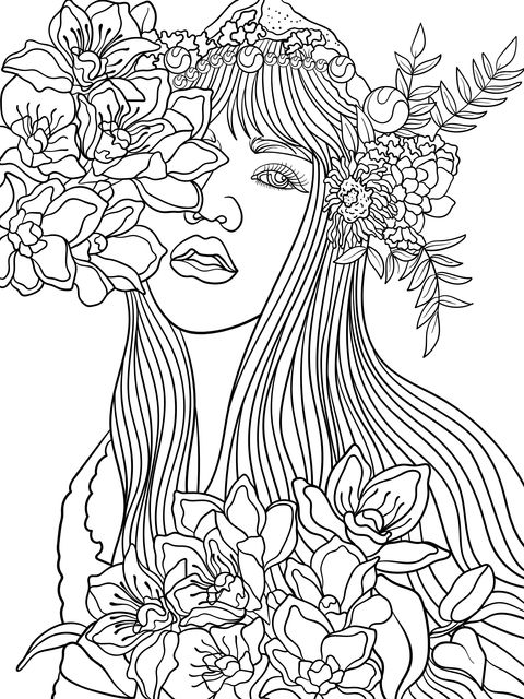 Coloring Page of a Woman Surrounded by Flowers