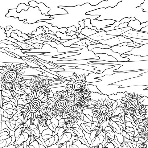 Página de Colorear de Paisaje Rural de Girasoles