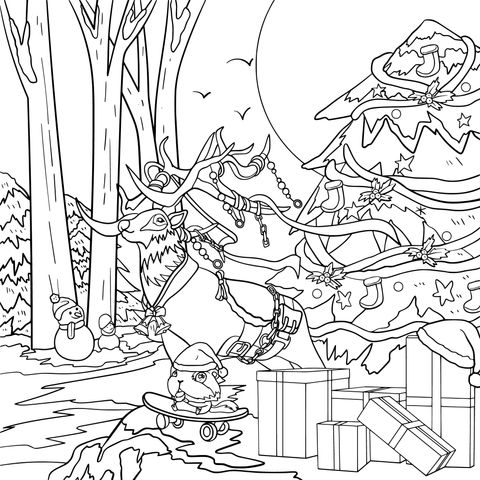 Christmas - themed Coloring Page: Reindeer, Christmas Tree and Gifts