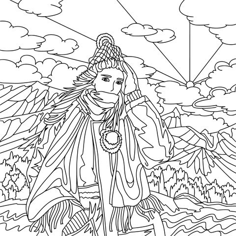 Winter Landscape and Stylish Girl Coloring Page