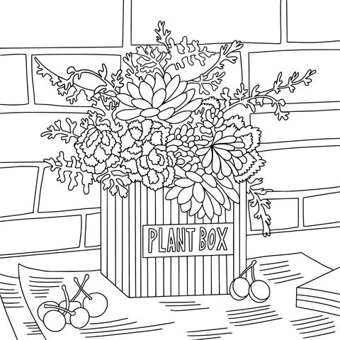 Coloring Page of Flowers in a Plant Box