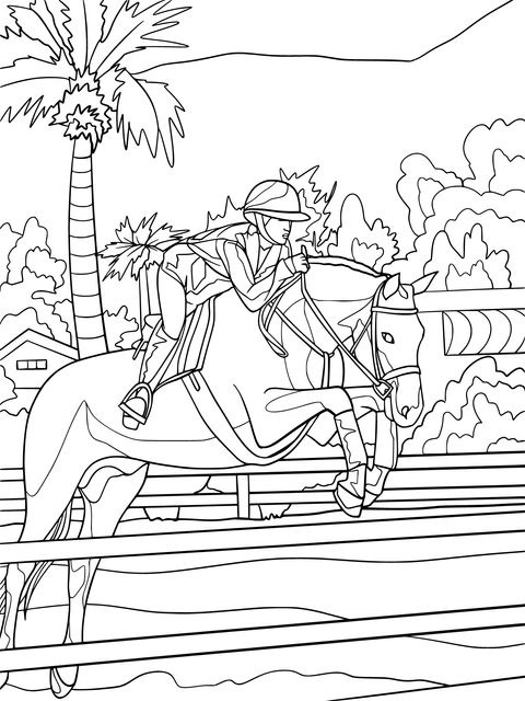 Equestrian Jumping Scene Coloring Page