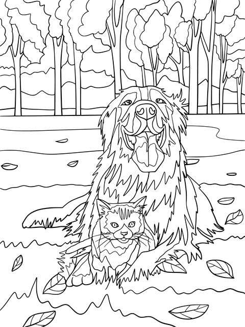 Outdoor Coloring Page with a Dog and a Cat