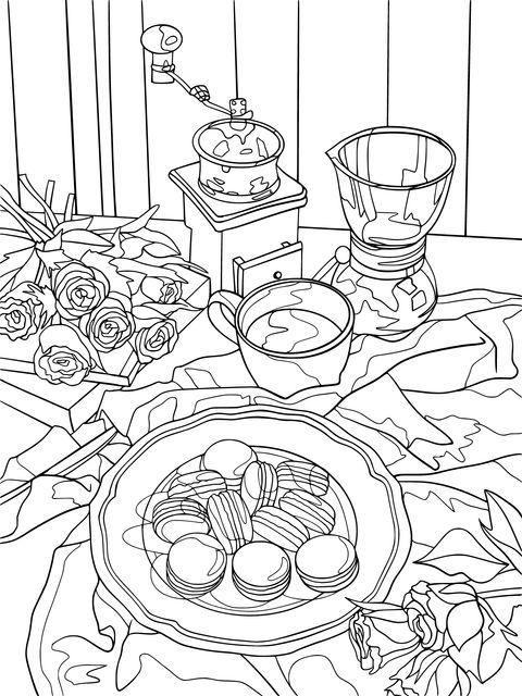 Coffee, Macarons and Roses Coloring Page