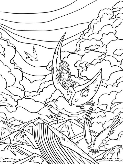 Dreamy Moon - night Girl Coloring Page