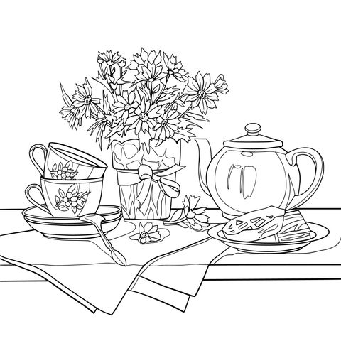 Cozy Afternoon Tea Time Coloring Page