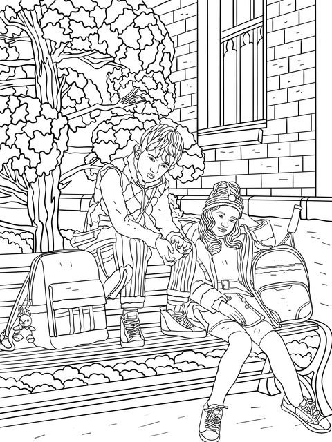 Youthful Moments on School Bench Coloring Page