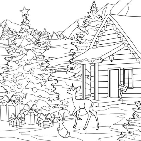 クリスマステーマの塗り絵：居心地の良い小屋と子鹿