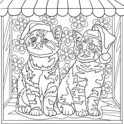 Coloring Page of Cats Wearing Santa Hats