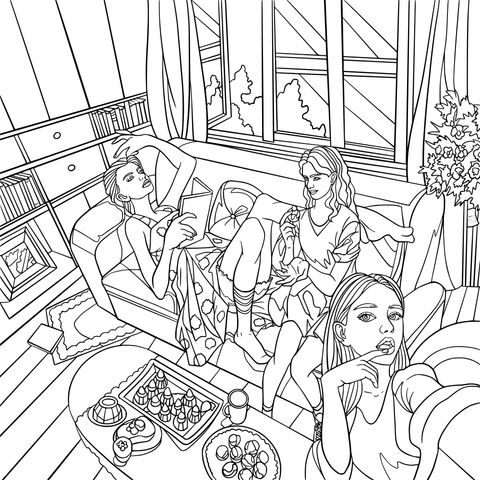 Coloring Page of Girls Gathering Cozily