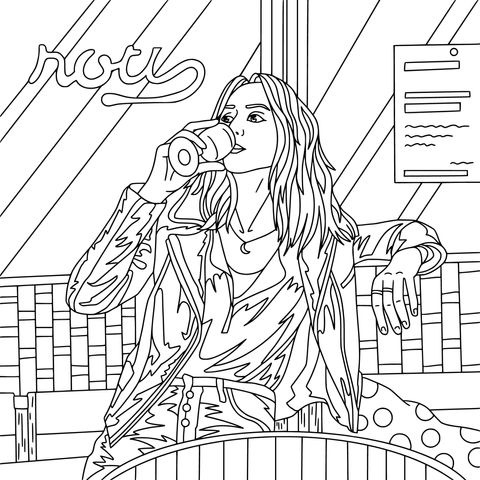 Fashionable Girl Drinking Coffee Coloring Page