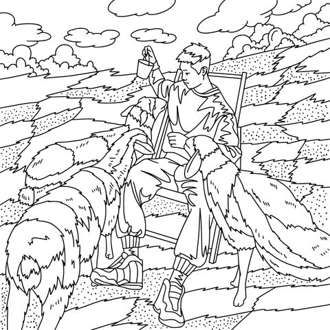 Coloring Page of a Man and Sheep in a Field