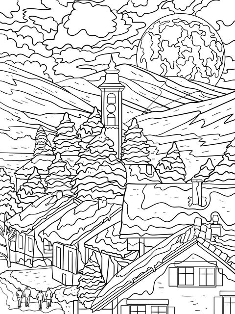 Coloring Page of a Winter Town under Moonlight