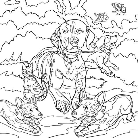 Coloring Page of Adorable Pets Enjoying Outdoor Time