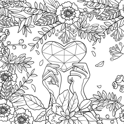 Coloring Page of Hands Holding a Red Heart with Flowers