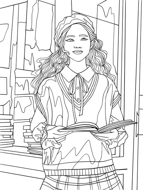 Fashionable Girl Holding a Book Coloring Page