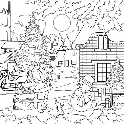 Christmas Night Scene Coloring Page: Santa Claus with Snowman and Elf