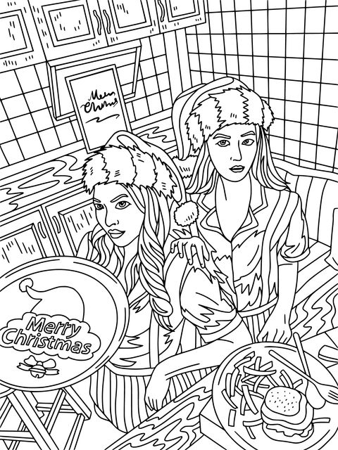 Christmas - themed Coloring Page of Sisters in the Kitchen