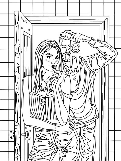 Ilustración de Hoja de Colorear de una Pareja Tomando una Selfie