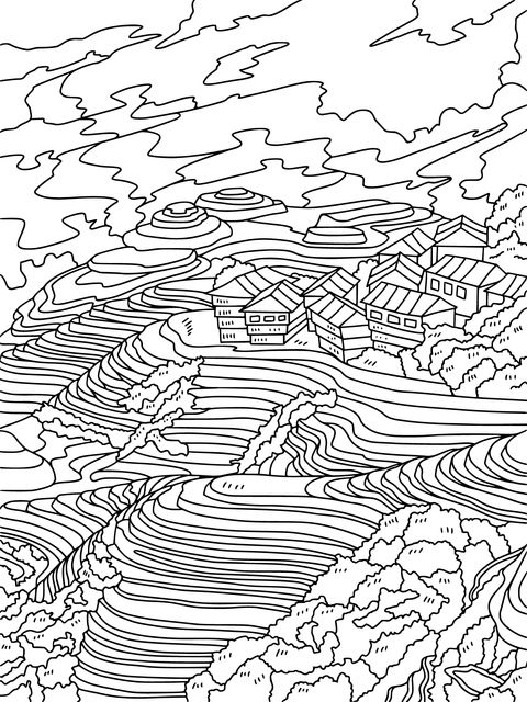 Terraced Fields and Village Landscape Coloring Page