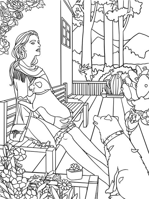 Coloring Page: A Woman Relaxing with Adorable Dogs in the Garden