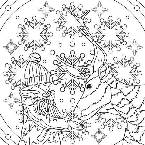 A Girl and a Reindeer in Winter